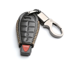WFMJ Leather for Dodge Ram Charger Durango Grand Caravan Journey Challenger Remote 3 Buttons Key Case Holder Cover Fob Chain (Black)
