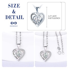 INFINIONLY Women's girl's heart Necklace Pendant, 925 sterling silver necklace, Heart-Diamond necklace pendant, "FOREVER LOVE" lettering, With 45cm chain, Inlaid shining zircon, silver