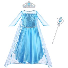 Vicloon Elsa Princess Costume, 3PCS Elsa Costume Dress, Elsa Dress with Fairy Crown Wand for Christening/Party/Pageant/Bridesmaid Princess Kids Dress Ball Gown（4-5 years）