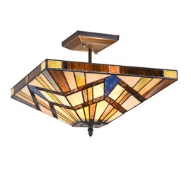 Capulina Tiffany Lamp Stained Glass Semi Flush Mount Ceiling Light 2-Light 14 Inches Wide Cream Amber Antique Tiffany Style Ceiling Lamp for Home Kitchen Porch Entryway Bathroom Hallway
