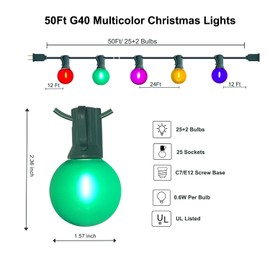 G40 - Cadena de luces LED de globo de Navidad, 50 pies, inastillables con 27 LED esmerilados multicolor (2 repuestos), luces redondas de Navidad para exteriores, para decoración de patio, balcón
