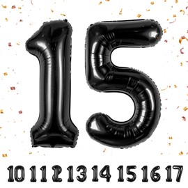 Number Balloons 15, Black 40 Inch Giant Helium Foil for Birthday Party Decoration, Women Men 15th Anniversary Party Decorations Supplies