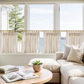 jinchan Linen Pinch Pleated Kitchen Curtains 24 Inch 4 Panels, Natural Linen Tier Curtains Back Tab Beige Farmhouse Cafe, Light Filtering Small Window Drapes for Bathroom Laundry Room Crude