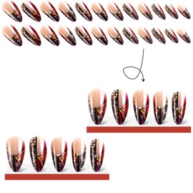 French Tip Press on Nails Medium Almond Artifical Acrylic Nails Charm Rhinestone Black Rose Flower Design Fake Nails Full Cover Reusable Colorful Plaid Coffin False Nails Glue on Nails for Women