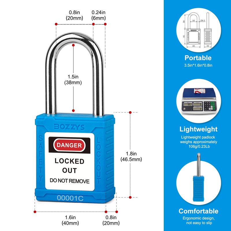 BOZZYS Lockout Tagout Locks 6-Pack｜OSHA Blue Loto Locks Keyed Different｜2