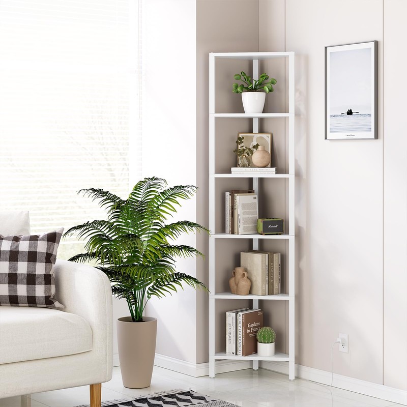 TUTOTAK 6-Tier Corner Bookshelf with LED Light,Corner Shelf for Small