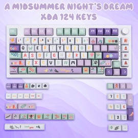 GEKUCAP PBT 124 Keys Anime Keycaps, White Purple Dye Sublimation Customized Cute Keycaps, XDA Profile Keycaps Set for Cherry MX Switches Mechanical Keyboards（Summer Night's Dream Style）