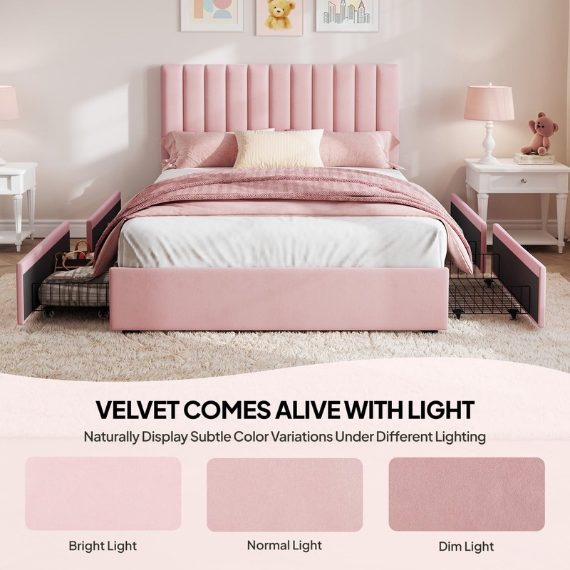 Full Size Upholstered Bed Frame with Headboard & 4 Drawers,