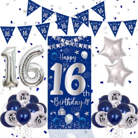 16th Birthday Decoration Blue and Silver, 16th Birthday Boy Girl, 16th Birthday Banner Balloons, Decoration 16th Birthday Poster Background Banner for 16th Party Birthday Decoration Door Wall Birthday