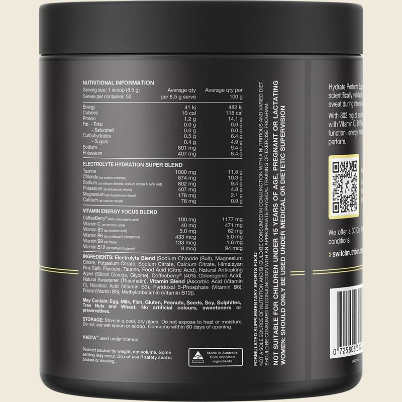 Switch Nutrition Hydrate Perform Sugar Free Lemon Lime 425g