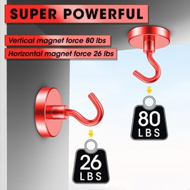 VNDUEEY Magnetic Hooks Heavy Duty, 10 Pack 80LBS Neodymium Magnet Hook, Strong Magnetic Hanger for Hanging, Red Magnetic Hooks for Cruise, Grill, Kitchen, Garage