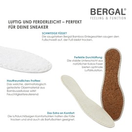 BERGAL Bamboo 3 Pairs of Airy Terry Cloth Insoles for High Moisture Absorption, Fresh Feet, Improves the Foot Climate in the Shoe, Ideal for Foot Sweat, for All Casual Shoes and Trainers, Size 38