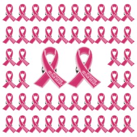 WANDIC 50 Pcs Rose Pink Ribbon Metal Pins, Memorial Ribbon Alloy Brooches in Forever in Our Hearts for Funeral Mourning Event Bereavement Remembrance