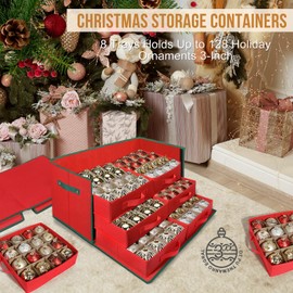 WDZREE Premium Large Christmas Ornament Storage,Box with Side Open, Drawer Style Trays -3" Compartment, 8 Trays, Keeps 128 Holiday Ornaments -Made of Durable 600D Oxford Fabric Tear-Proof Material