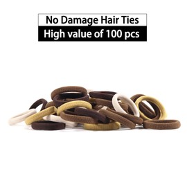 100 Pack No Damage Solid Hair Ties For Women Thick Hair,Soft Seamless Colorful Ponytail Holders for Girls,Elastic Hair Bands (Mix Brown)