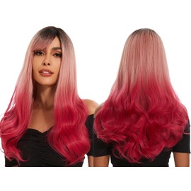 DAWANQU Long Wavy Curly Wigs with Bangs for Women Lace Front Synthetic Wigs Natural Wigs for Cosplay and Party Use Wavy Wig (26 Inch, Mermaid Pink)