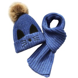 JFAN Beanie Scarf Set Boys Girls Winter Hat for Children Fleece Lined 2-8 Years Toddler Fur Bobble Hat Scarf Set Knitted Hats, blue