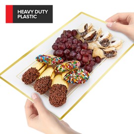 (120 Pcs) Premium White and Gold Plastic Serving Tray, Plastic Serving Platter Disposable, White Rectangle Party Trays and Platters for Fruit, Dessert, Cookies, Appetizers, Holiday Parties