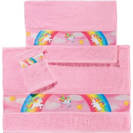 Erwin Müller Children's Terry Towel Set 3-Piece Unicorn Pink Size 50 x 100 cm + 70 x 140 cm + 15 x 21 cm - Hand Towel, Bath Towel, Wash Mitt - Soft, Absorbent, 100% Cotton