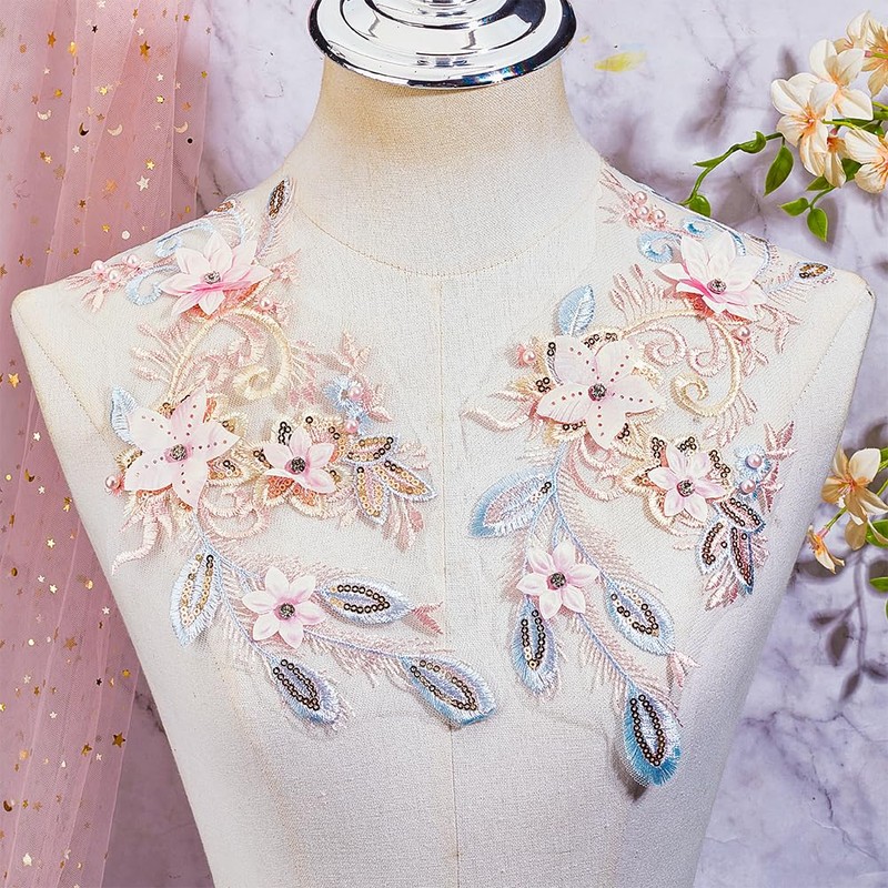 CABODYALS 2Pcs 3D Floral Embroidery Applique Rhinestone Embroidered Beaded Sequin