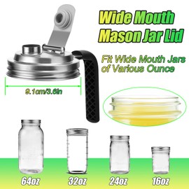 Mason Jar Pour Spout Lid Stainless Steel with Handle, Wide Mouth Pour Spout Flip Cap Lids for Mason Jars, Anticracking Leak Proof Seal Cover Airtight for Drinking Salad Dressing & Food Storing(2PCS)