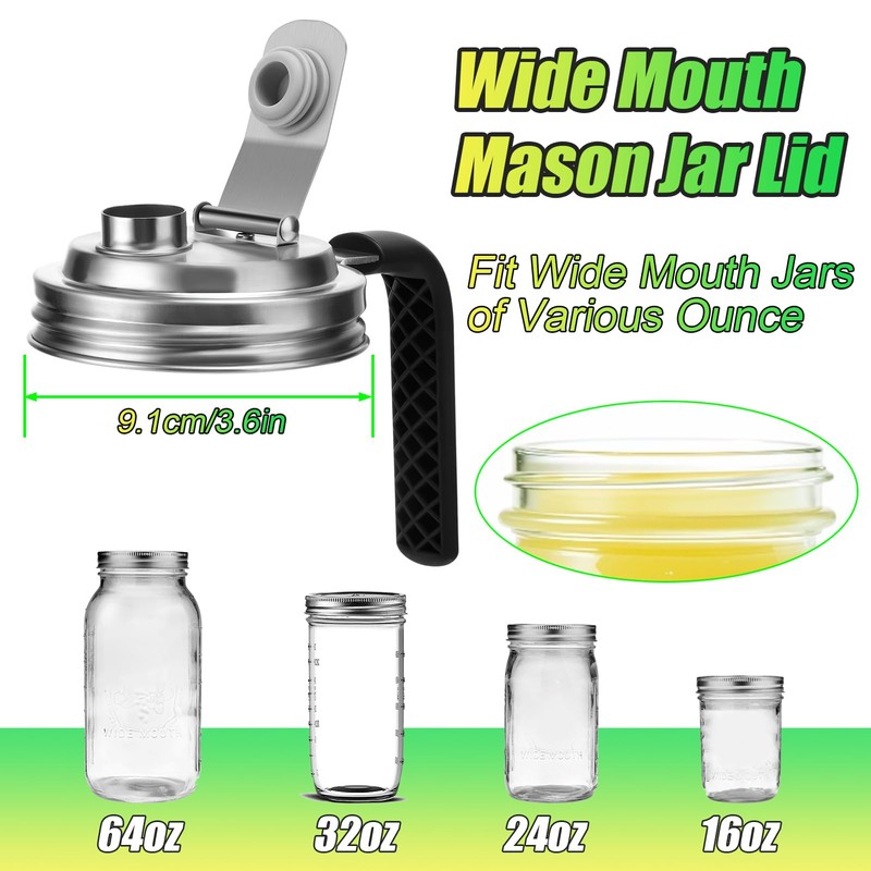 Mason Jar Pour Spout Lid Stainless Steel with Handle, Wide