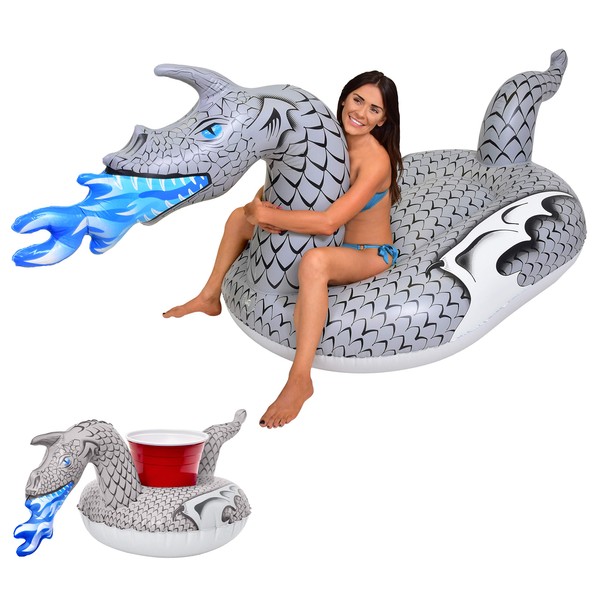GoFloats Giant Inflatable Pool Floats - Choose Unicorn, Dragon, Flamingo, Swan, or Bull - Includes Drink Float Large