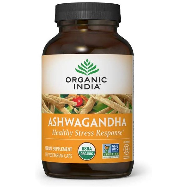 Organic India Ashwagandha Herbal Supplement - Stress Response Support, Vegan, Gluten-Free, Kosher, USDA Certified Organic, Non-GMO, Supports Mood, Endurance, Vitality & Strength - 180 Capsules