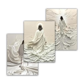 GSJMWD 3pcs Jesus Walking on Water Wall Art Natural Wood Framed Religious Wall Decor Christian Paintings for Living Room Bible Verses Pictures for Bedroom Modern Christian Canvas Art 30x40cm