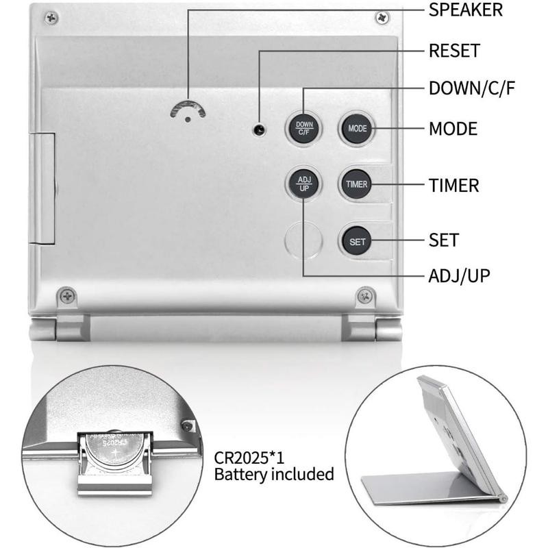 Digital Travel Alarm Clock - Foldable Calendar Temperature Timer LCD