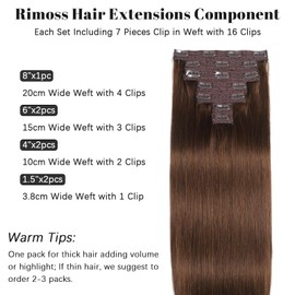 Rimoss Clip in Hair Extensions Real Human Hair, Chocolate Brown Hair Extensions Real Human Hair Clip ins Straight, Premium Soft 7pcs Remy Human Hair Clip in Extensions for Women (#4 16 Inch)