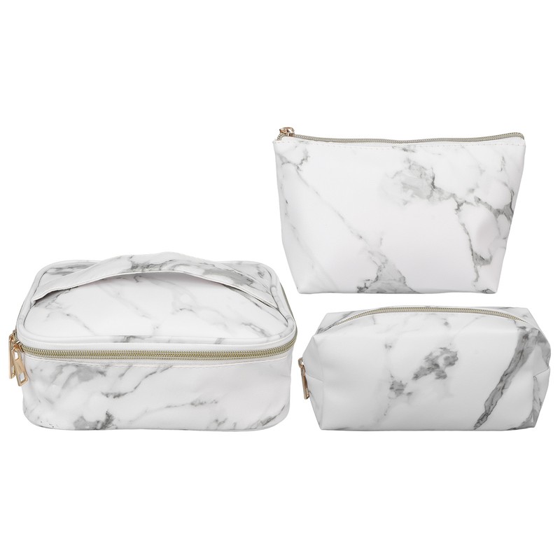 3Pcs Women Cosmetic Bag Marble Print Makeup Case Storage Handbag
