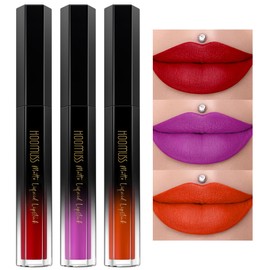 HOOMUSS Red Lipstick Set Long Lasting 3Pc Matte Liquid Lipsticks for Women Non Transfer Smudgeproof Red Purple Orange Lipstick Kit Cruelty Free Lip Color, 13/45/51