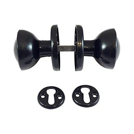 Rim and Mortice Door Knobs for Rimlocks with 2 Keyhole Escutcheons Black Plastic- 1 Set [2 knobs 2 Keyholes Spindle and Fixings]
