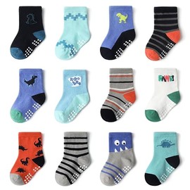 YANWANG 12 Pairs Toddler Boys Non-Slip Socks Cute Cotton with Handles Baby Boys Girls Non-Slip Socks, KB162-Dinosaurs