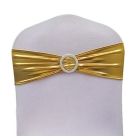 Trimming Shop Synthetic Fabric Shiny Chair Band with Buckle, Elastic Sash for Securing Seat Covers, Wedding Decorations, Reception and Party Décor (36cm x 13cm, Gold, 25pcs)