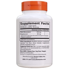 Doctor's Best, Trans-Resveratrol with Resvinol, Non-GMO, Vegan, Gluten Free, Soy Free, 100 mg, 60 Veggie Caps (DRB-00171)