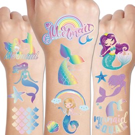 CHARLENT 100 Glitter Styles Temporary Mermaid Tattoos for Kids Party Supplies - 6 Sheets Glitter Mermaid Tattoos for Girls, Mermaid Birthday Party Gifts, Goodie Bag Fillers
