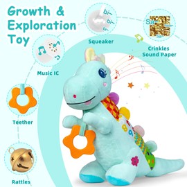 Baby Musical Plush Dino Toy for 0-3-6-12+ Months,Activity Soft with Rattle,Squeaker,Crinkles Sound Paper,Teether & Textures,Infant Dinosaur Tummy Time Toys Gifts for Newborn Toddler Boys (Blue)