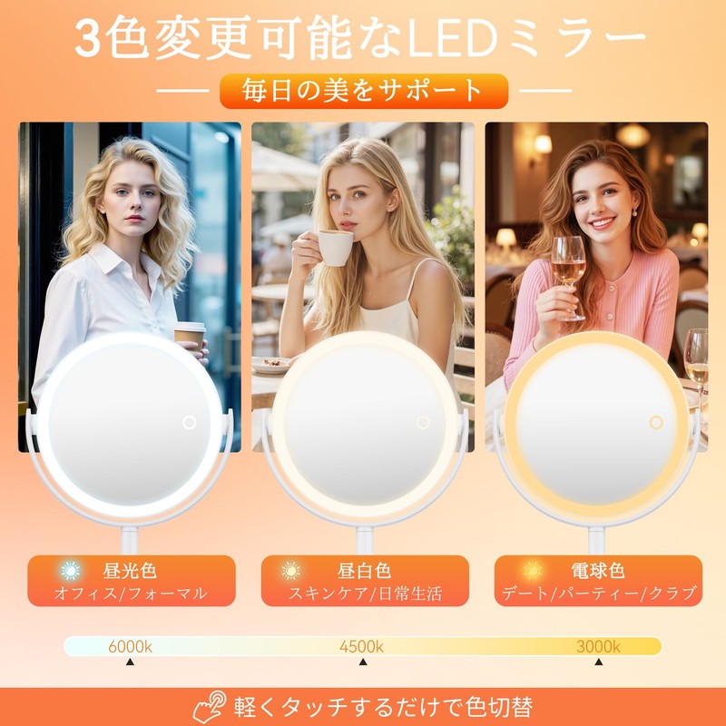Auxmir 鏡 卓上 女優ミラー 拡大鏡 30倍と等倍 64個LEDライト付き 3光色 卓上ミラー 明るさ無段階調光