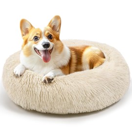 28in Large Dog Bed, Medium Size Dog and Cats, Calming Donut Bed for Puppy and Kitten, Washable Round Fluffy Pet Bed (Light Brown)