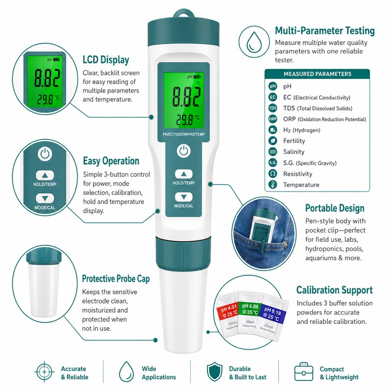 8-in-1 Water Quality Tester for Aquariums & Pools – pH,