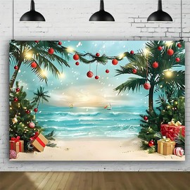 Beach Christmas Tree Backdrop Photography Summer Beach Christmas Tree Decoration Tropical Xmas Palm Leaves Blue Sky Ocean Background Family Holiday Party Backdrop (9X6FT)