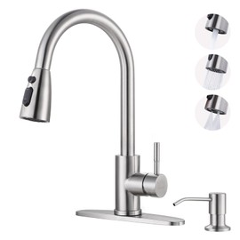 WOWOW Kitchen Faucet with Soap Dispenser: 304 Stainless Steel Kitchen Sink Faucet with Pull Down Sprayer 3 Modes, Single Handle High Arc Mixer Taps for Sink, RV, Laundry, Bar (Brushed Nickel)
