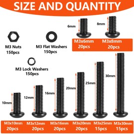 600pcs M3 Screws,M3 Screw Assortment Kit (8 Sizes 6-30mm) for 3D Printer DIY,Hex Button Head Cap Screws Bolts Nuts Washer Kit,12.9 Grade Alloy Steel,Black Oxide,M3-0.5 x 6/8/10/12/16/20/25/30mm