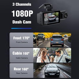 3 Channel Dash Cam Front and Rear Inside with 32GB Card, KATZEIST 1080P Dash Camera for Cars, Dashcam Three Way Triple Car Camera with IR Night Vision, Loop Recording, G-Sensor, HDR, 24 Hours Record