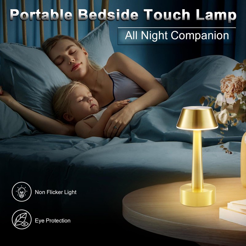 2 Pack Small Cordless Table Lamp, Battery Operated Gold Lamp