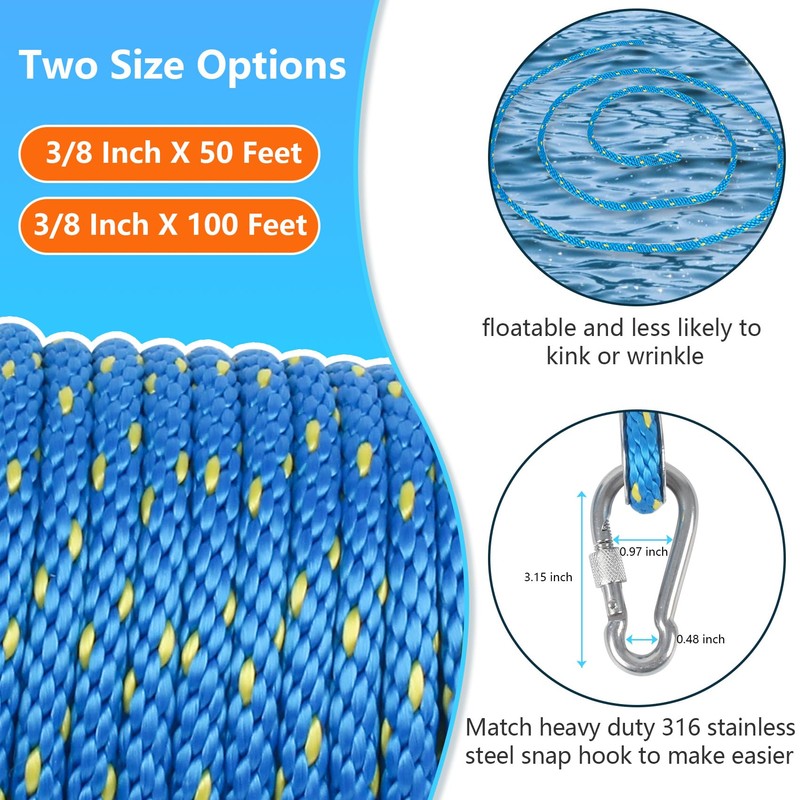 3/8 Inch 50 FT Anchor Rope, Boat Anchor Rope Solid