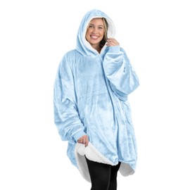 Bare Home Sherpa Fleece Wearable Blanket - Oversized Wearable Blanket - Adult Size - Warm & Cozy - Soft Plush Blanket - Comfortable Blanket Sweatshirt with Two Zipper Pockets (Adult, Light Blue)