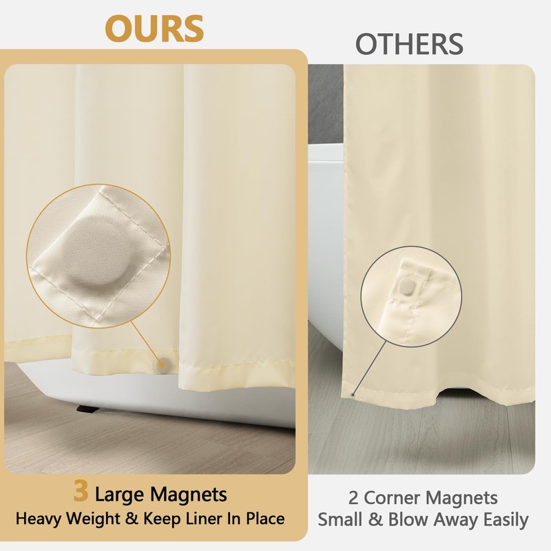 Seenus Waterproof Cream Fabric Shower Curtain Liner with 3 Large